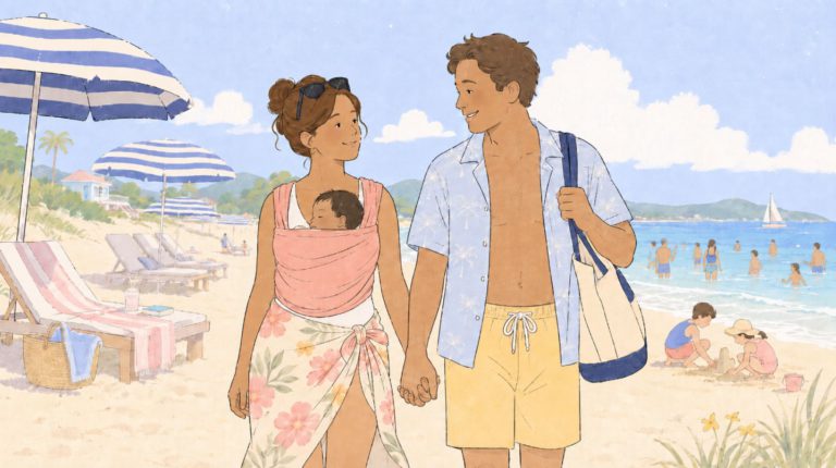 New parents enjoying their summer vacation on the beach with their newborn baby