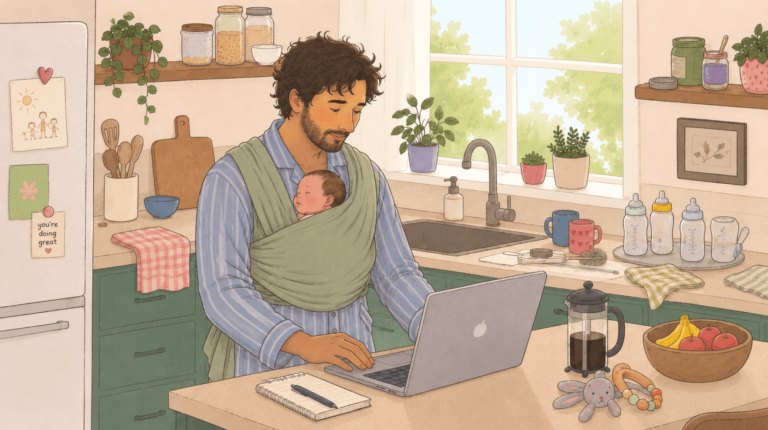 A new dad carrying a new born in a baby sling, working on his laptop, surviving the first year with his baby