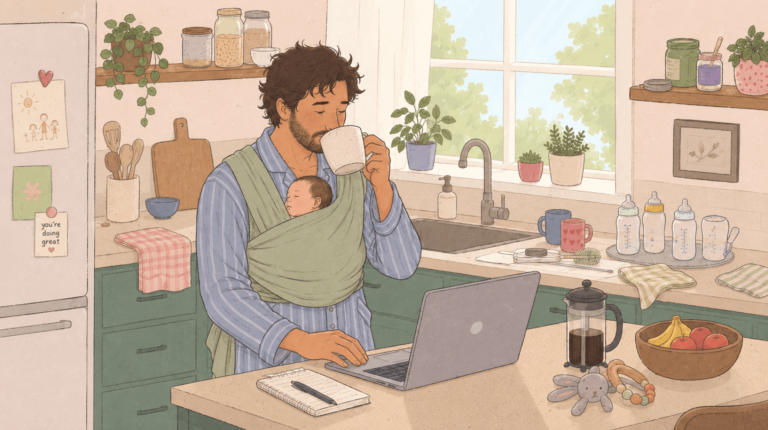 A new dad carrying a new born in a baby sling, working on his laptop and drinking coffee, surviving the first year with his baby