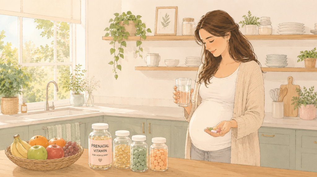 A pregnant woman taking prenatal vitamins for a healthy pregnancy