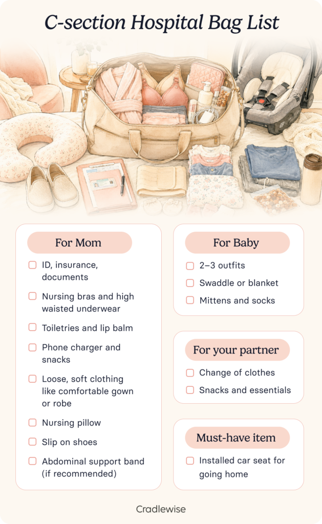 C-section hospital bag checklist. Printable checklist for expecting parents.
