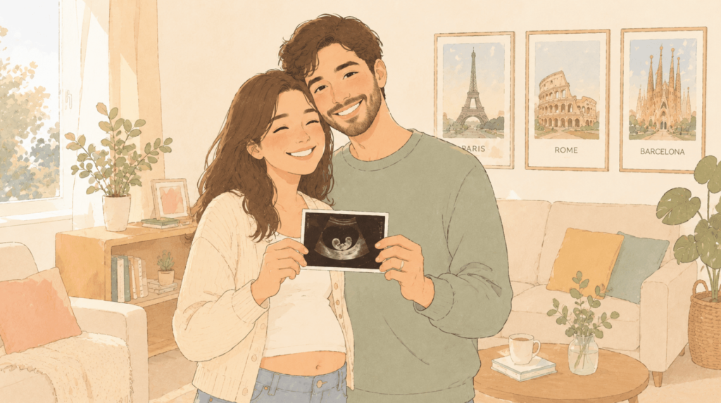 An expecting couple holding a sonogram of their baby in the womb, deciding whethre to go for prenatal genetic testing