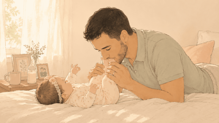 A new dad kissing the tiny toes of his newborn baby girl
