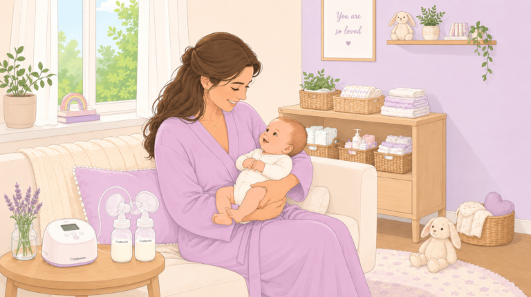 A mother holding her baby in her lap, freshly pumped breast milk lying beside her on a table.
