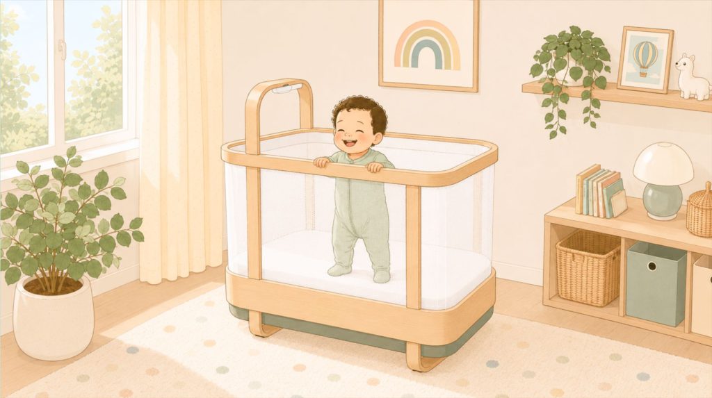 Baby standing in Cradlewise crib, after dropping a nap