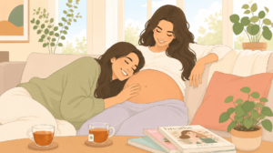 A friend trying to feel a baby's kick by placing her ear on her pregnant friend's belly