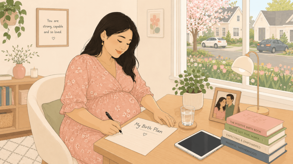 Pregnant mother is sitting on a chair and writing her birth plan