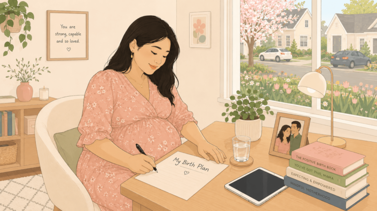 Pregnant mother is sitting on a chair and writing her birth plan