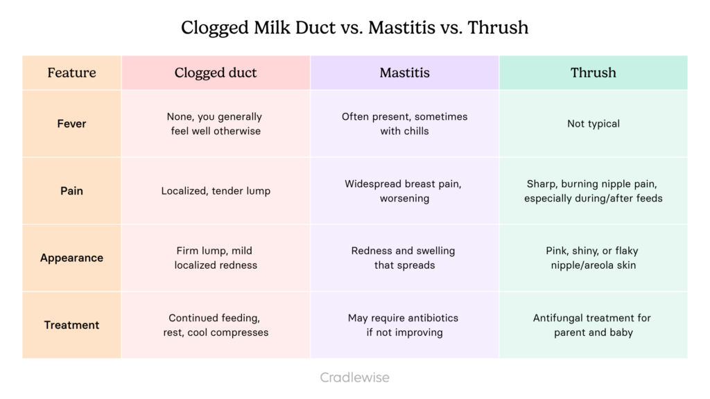Comparison table between the symptoms, pain level, appearance, and treatment of clogged milk duct, mastitis and thrush