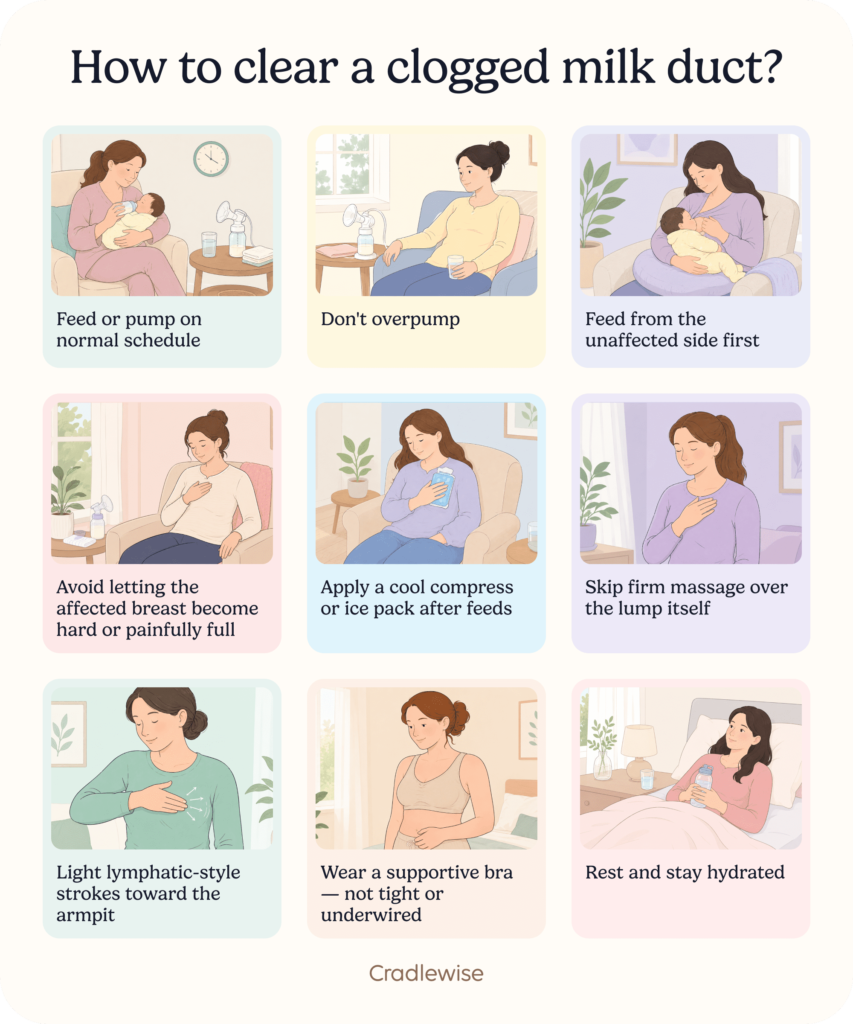 Pinterest infographic showing how to clear a clogged milk duct