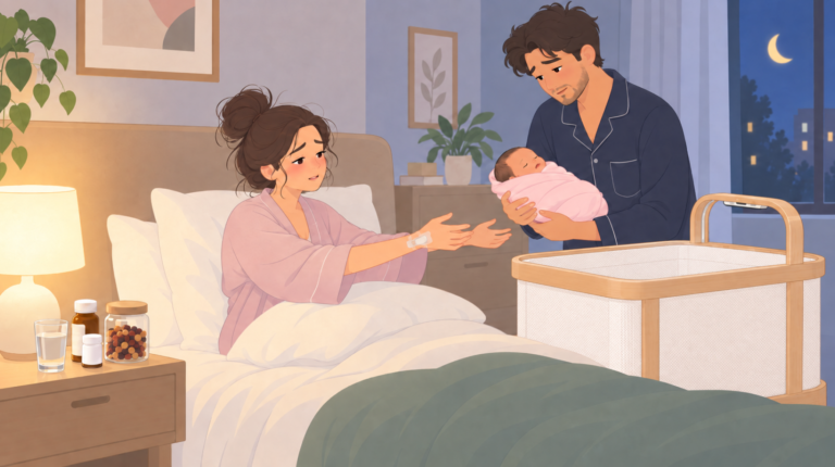 Exhausted new parents on their first night home with a newborn
