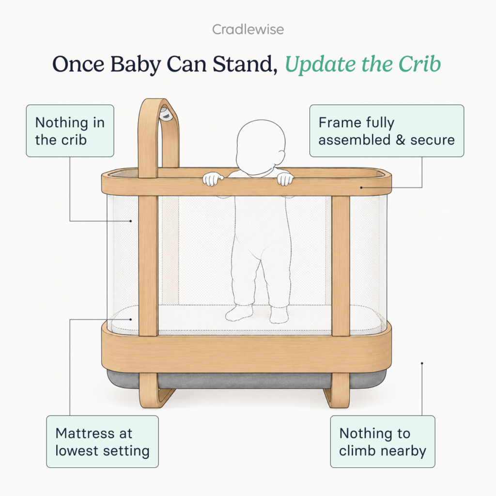 Crib safety for a 8 month old baby once they start to pull themselves up and stand in the crib
