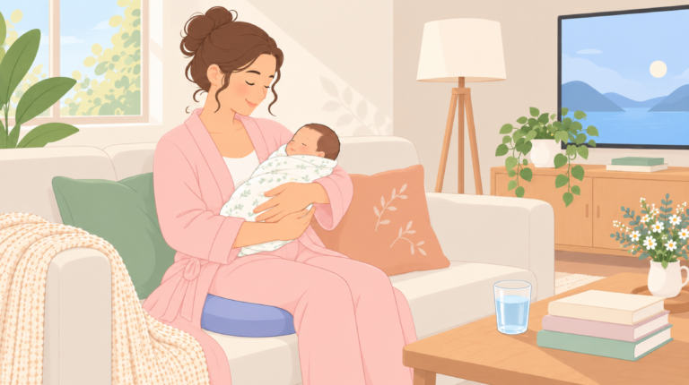 A new mother with episiotomy stitches sitting on a pillow and holding her baby