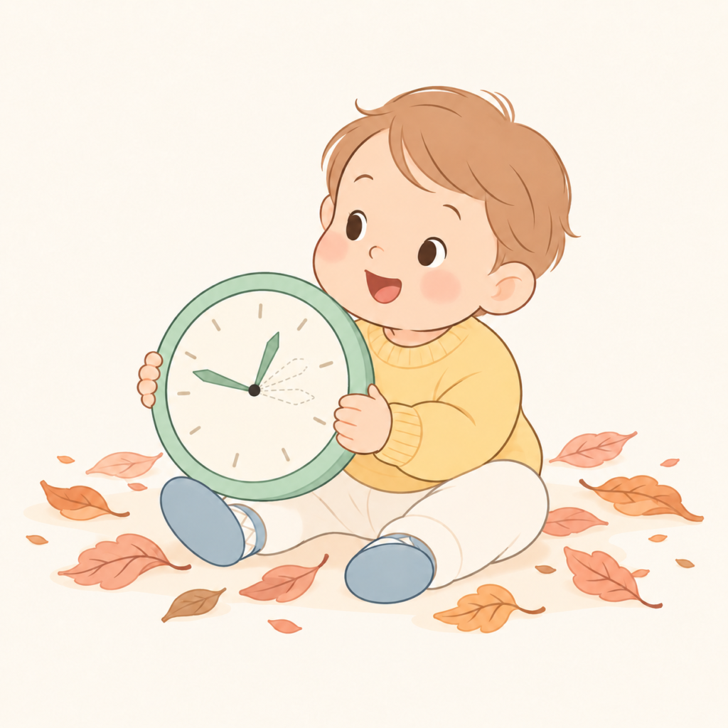 Cheerful baby holding the autumn/fall clock showing daylight savings time