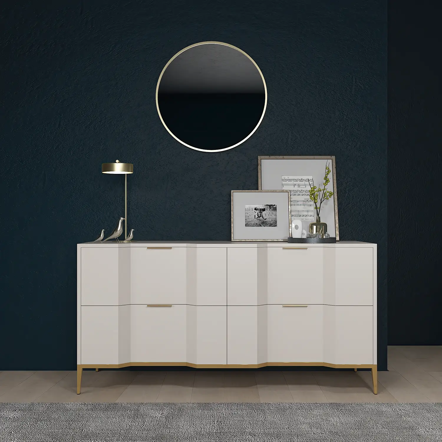 Arya Dresser shown in Vanilla Bean wood finish with Opaque Gold finish for the hardware.