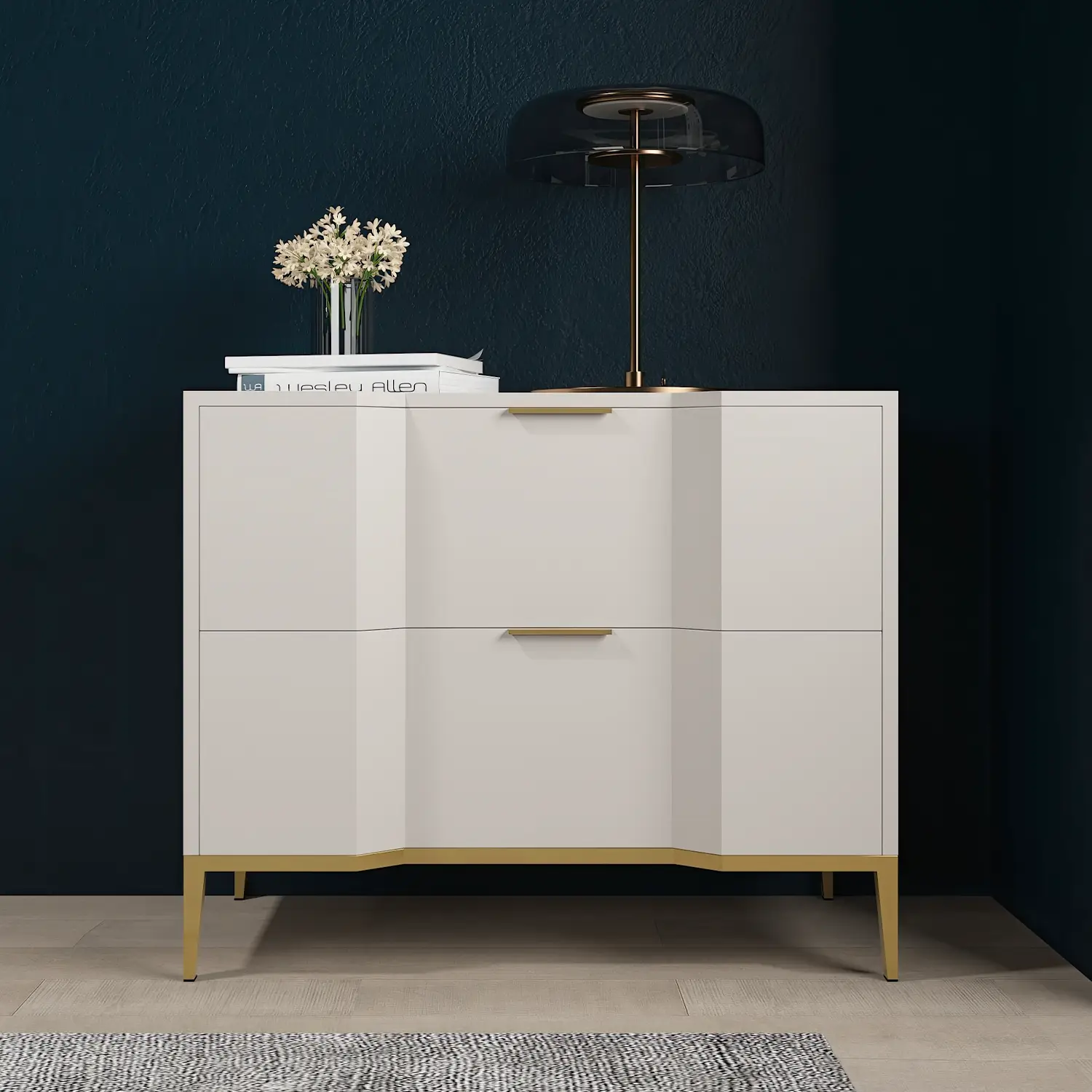 Arya Nightstand shown in Vanilla Bean wood finish with Opaque Gold finish.