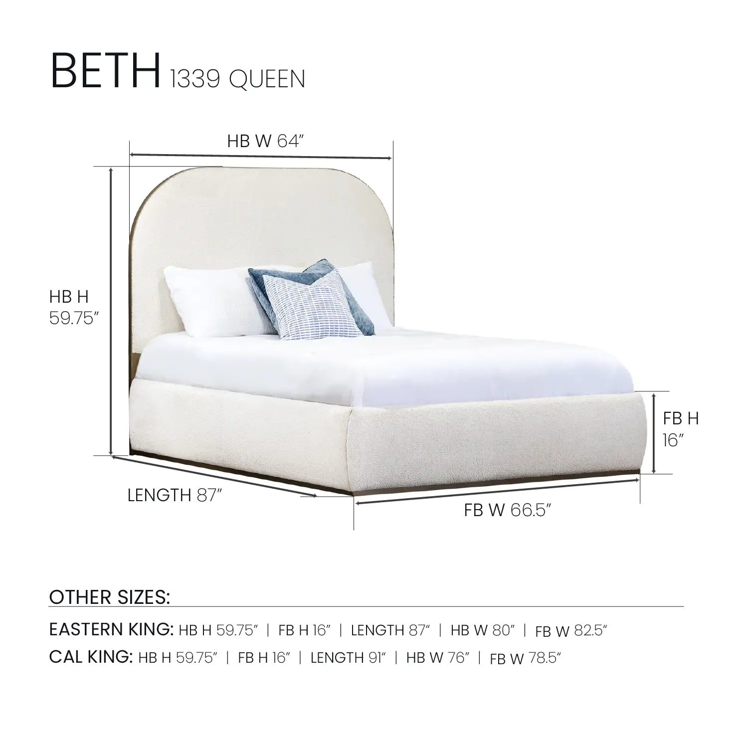 Beth 1349 Upholseted bed shown in Hand Brushed Copper Bliss finish with Cloud White Performance fabric. Close up of the headboard. Dimensions for: QUEEN: HB H 59.75" | FB H 16" | HB W 64" | FB W 66.5" | L 87" EASTERN KING: HB H 59.75” | FB H 16” | LENGTH 87“ | HB W 80” | FB W 82.5“ CAL KING: HB H 59.75” | FB H 16” | LENGTH 91“ | HB W 76” | FB W 78.5“