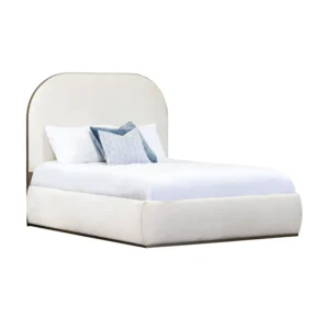 Beth 1349 Upholseted bed shown in Hand Brushed Copper Bliss finish with Cloud White Performance fabric. Bed shown in an angle.