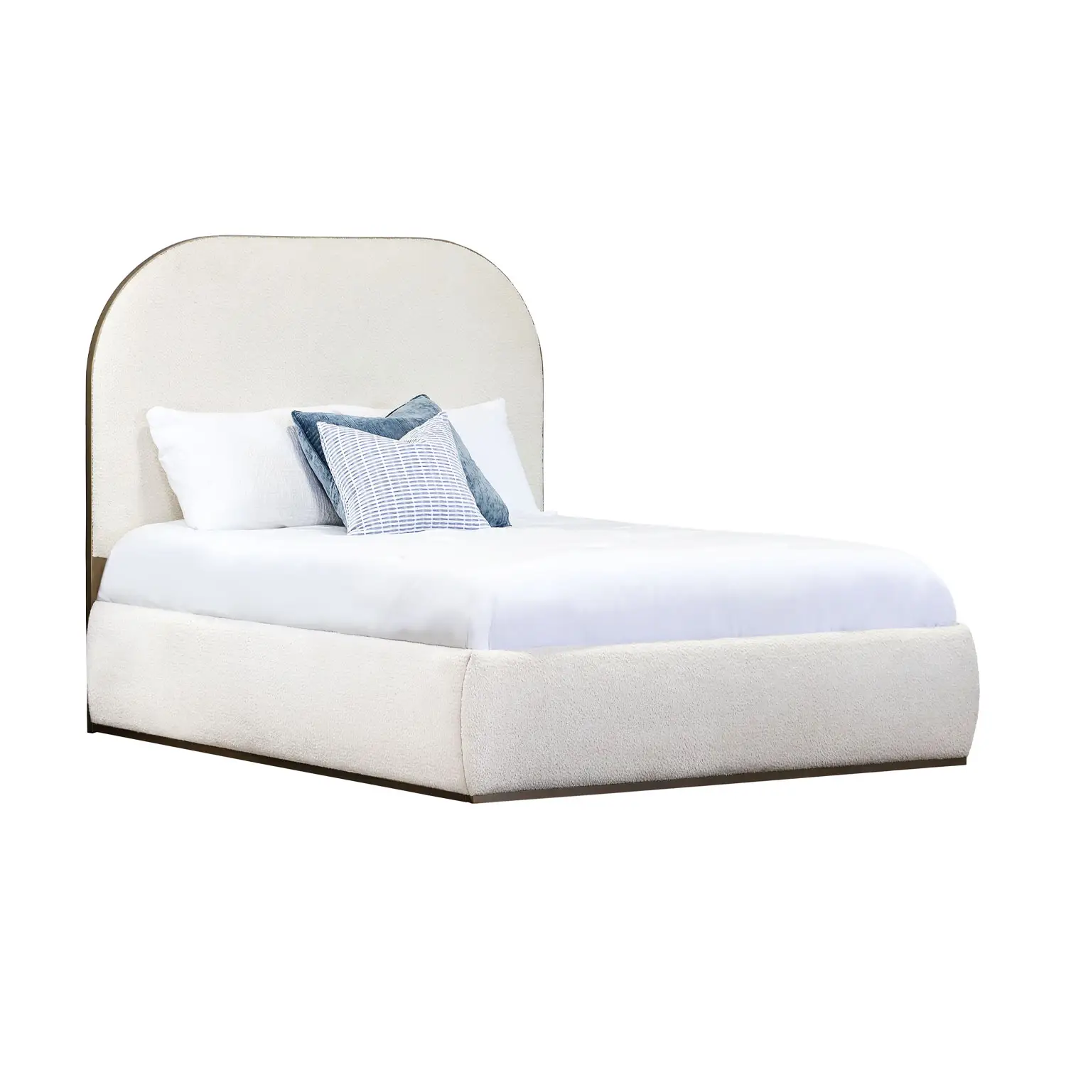 Beth 1349 Upholseted bed shown in Hand Brushed Copper Bliss finish with Cloud White Performance fabric. Bed shown in an angle.