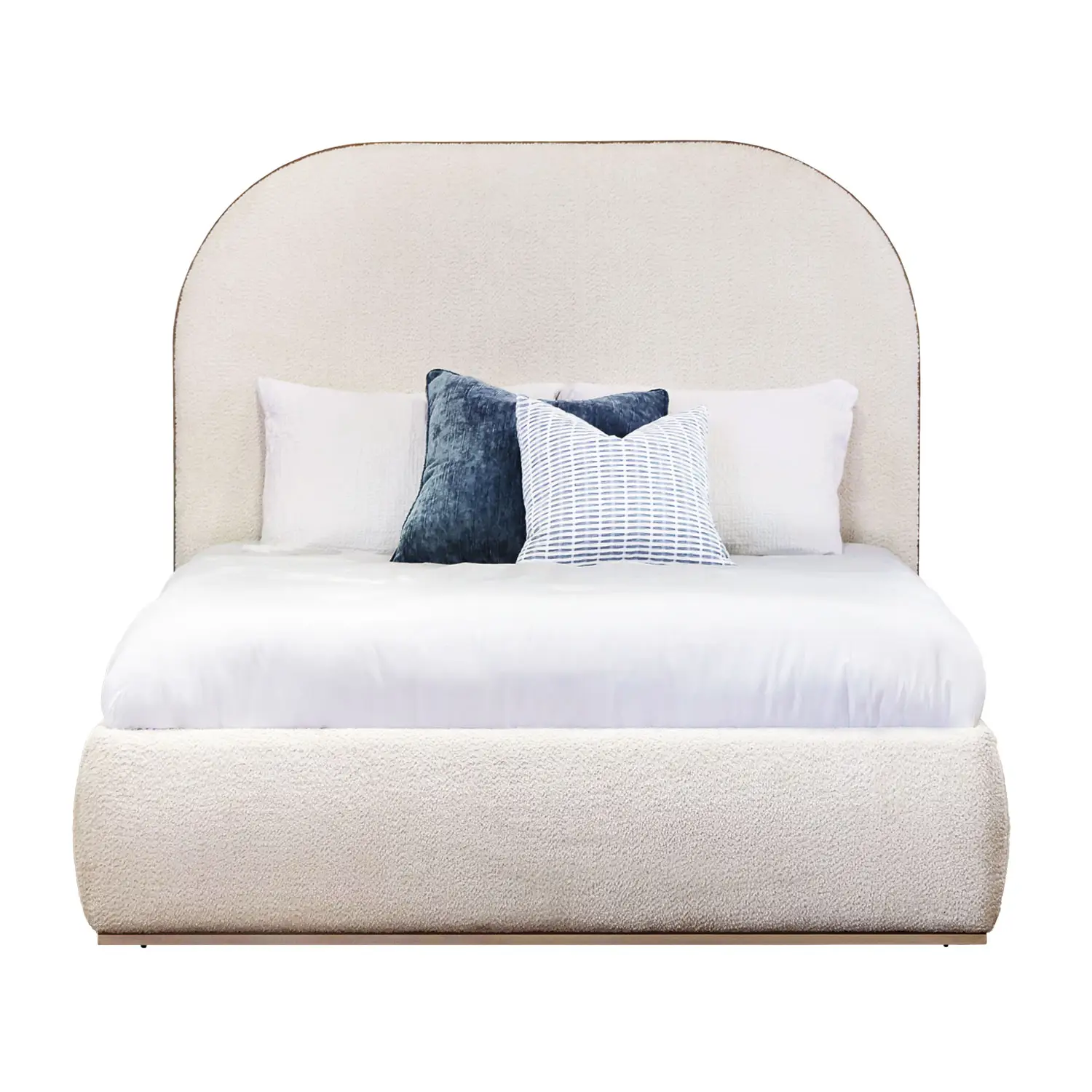 Beth 1349 Upholseted bed shown in Hand Brushed Copper Bliss finish with Cloud White Performance fabric. Bed shown from the front.