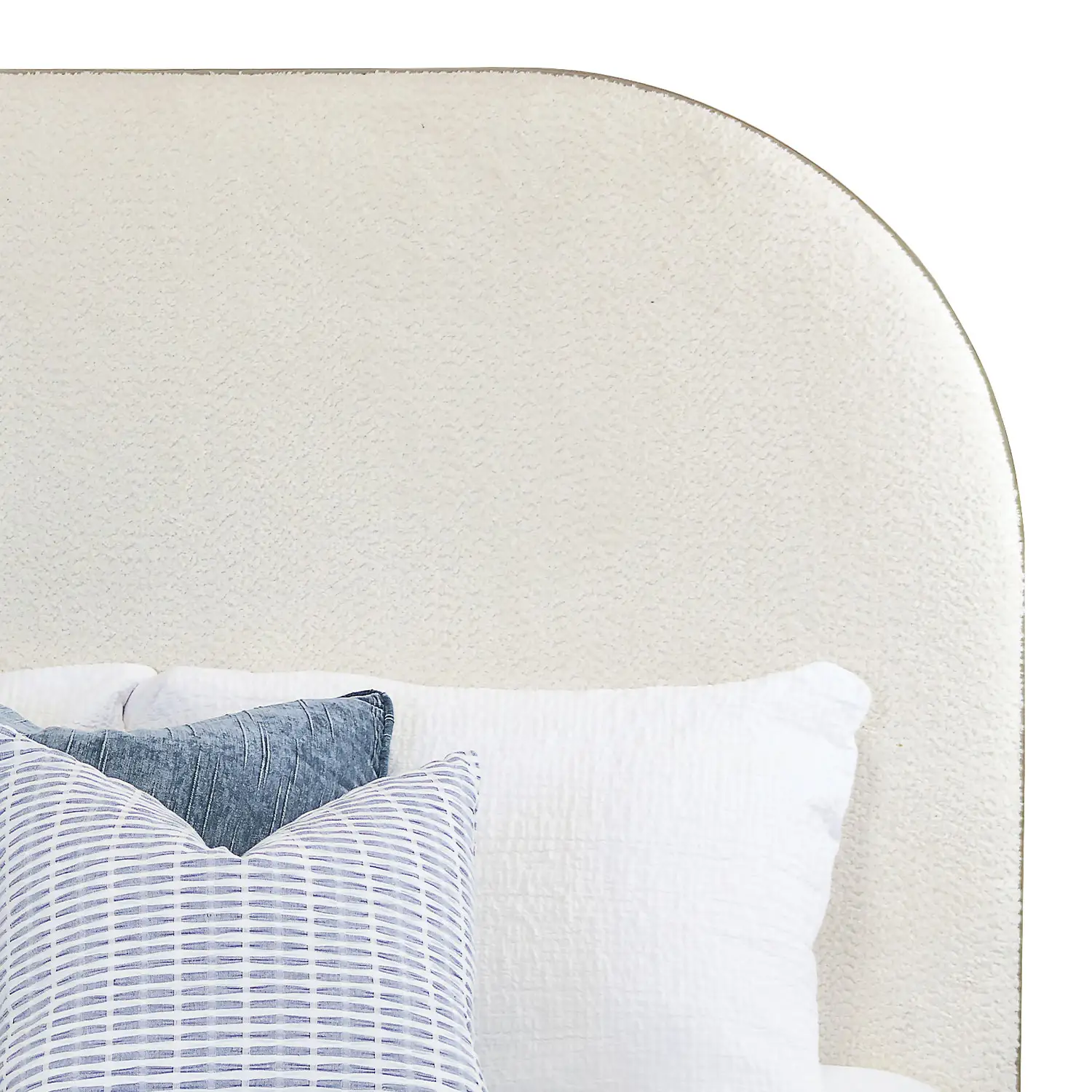 Beth 1349 Upholseted bed shown in Hand Brushed Copper Bliss finish with Cloud White Performance fabric. Close up of the headboard.