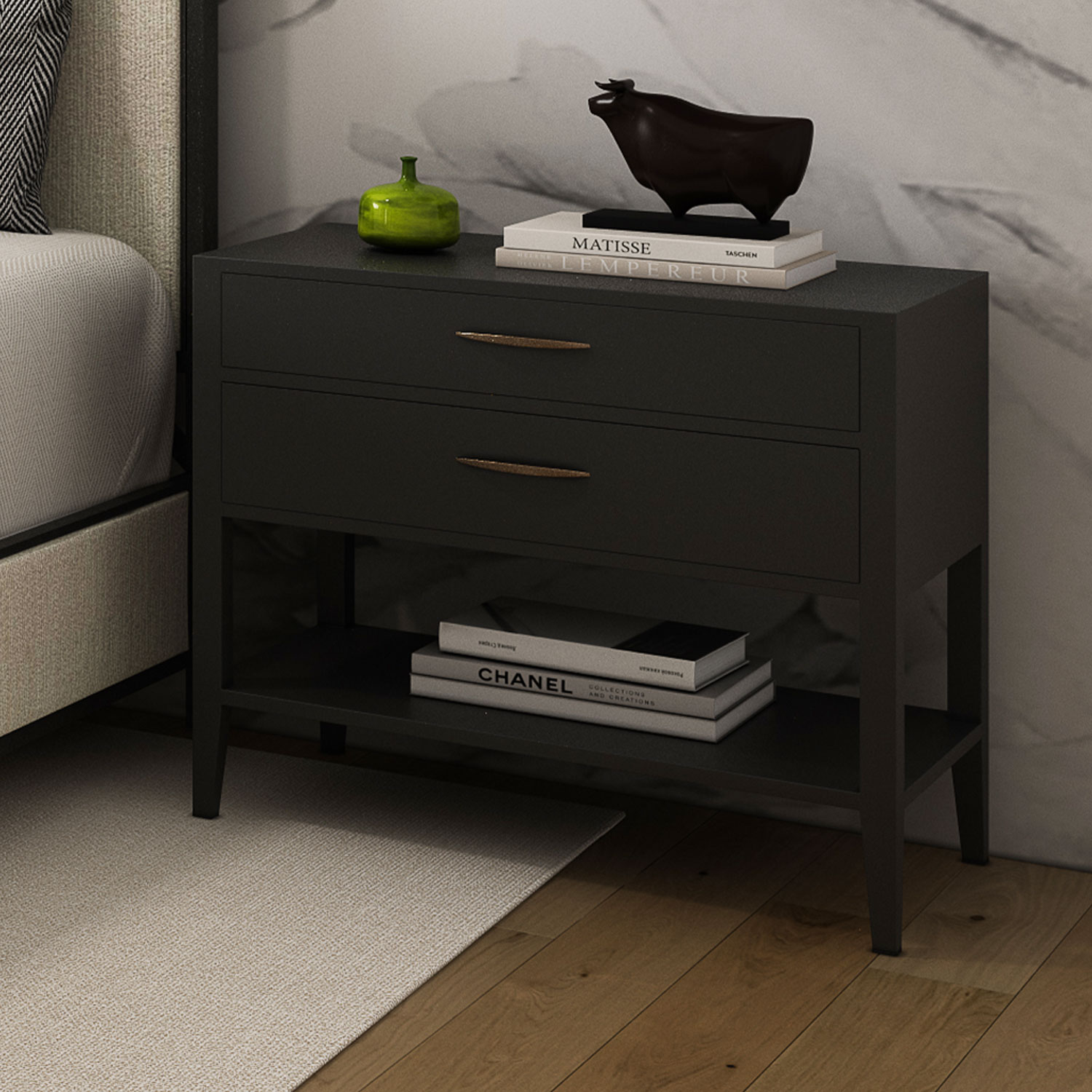 Clayton Nightstand shown in Black Denime Wood Finish with Copper Bisque Finish for the hardware. Shown with the Mason bed.