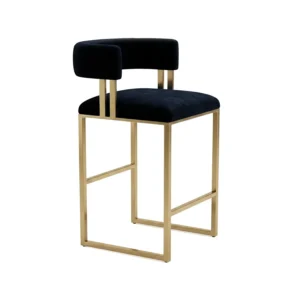 Gable Barstool by Wesley Allen. Item number B805H18XS. Shown in Opaque Gold Finish with Black Velvet Performance Fabirc and shown in a front angled view.