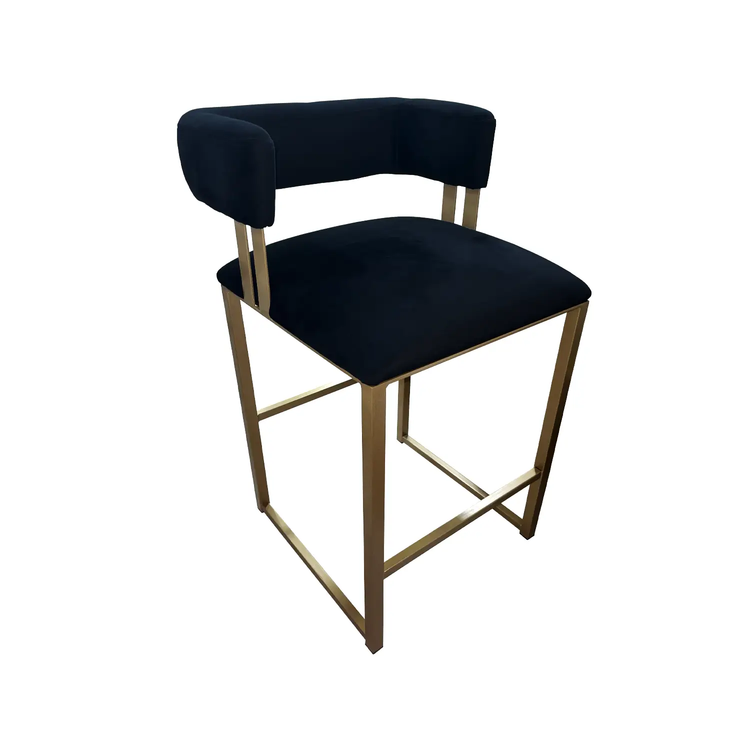 Gable Barstool by Wesley Allen. Item number B805H18XS. Shown in Opaque Gold Finish with Black Velvet Performance Fabirc and shown in a front angled view.