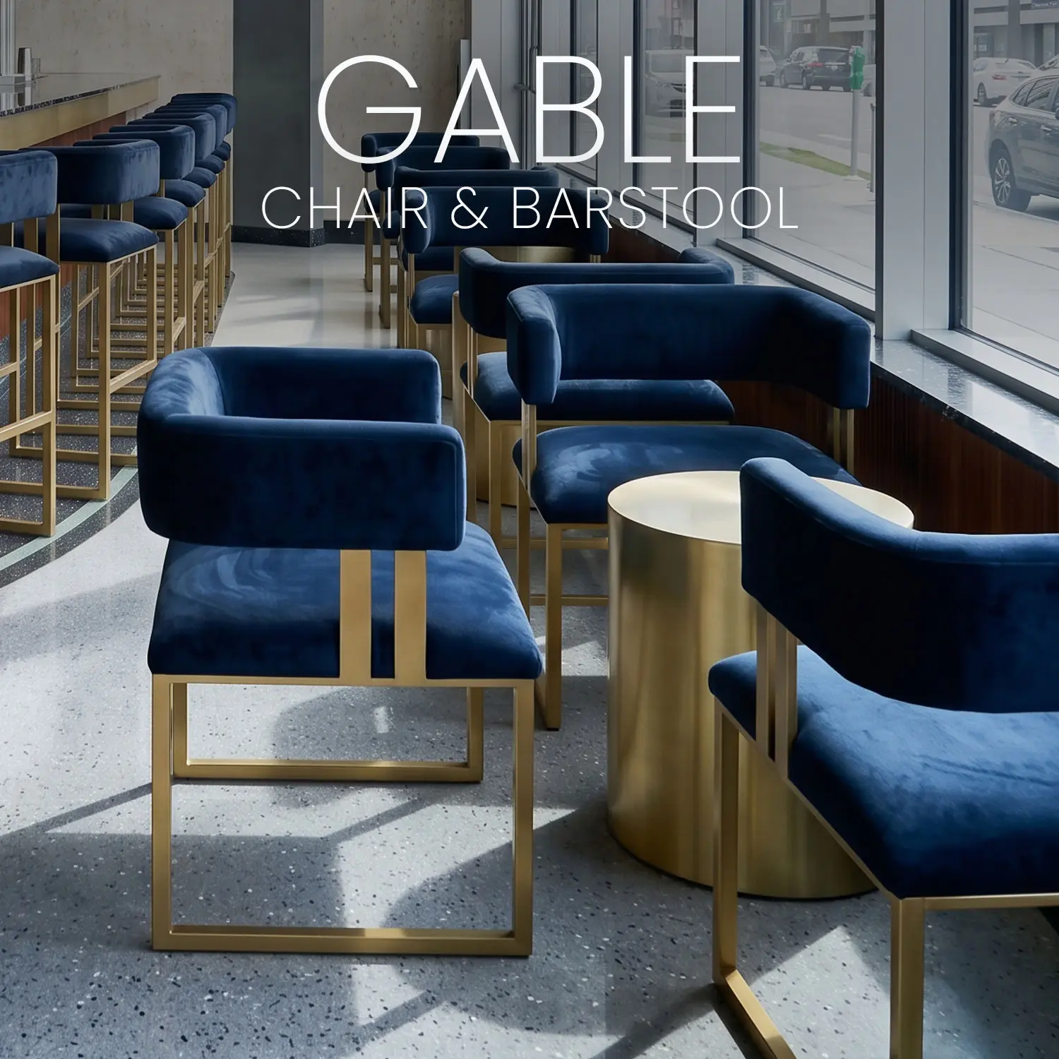 Modern Hollywood Glam bar featuring the Gable chair and matching barstool in an Opaque Gold finish with Black Velvet performance fabric, surrounded by sleek black and gold accents.