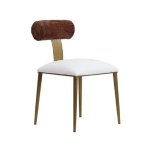 Luca Chair shown in Opaque Gold finish with the backrest in Forest Oak fabric and the seat in Aspen Pure White vinyl.