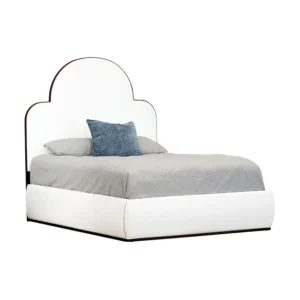 Marigold 1271 Upholstered Bed shown in Sun Bronze finish with Royal White Performance fabric. Bed shown from an angle.