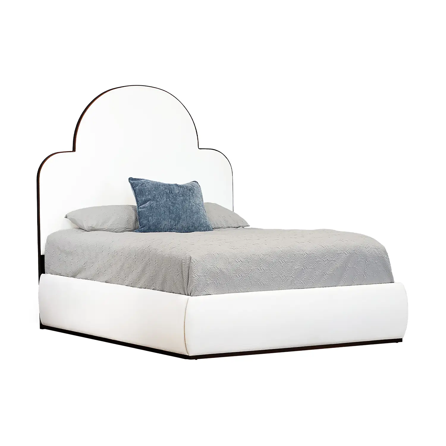 Marigold 1271 Upholstered Bed shown in Sun Bronze finish with Royal White Performance fabric. Bed shown from an angle.