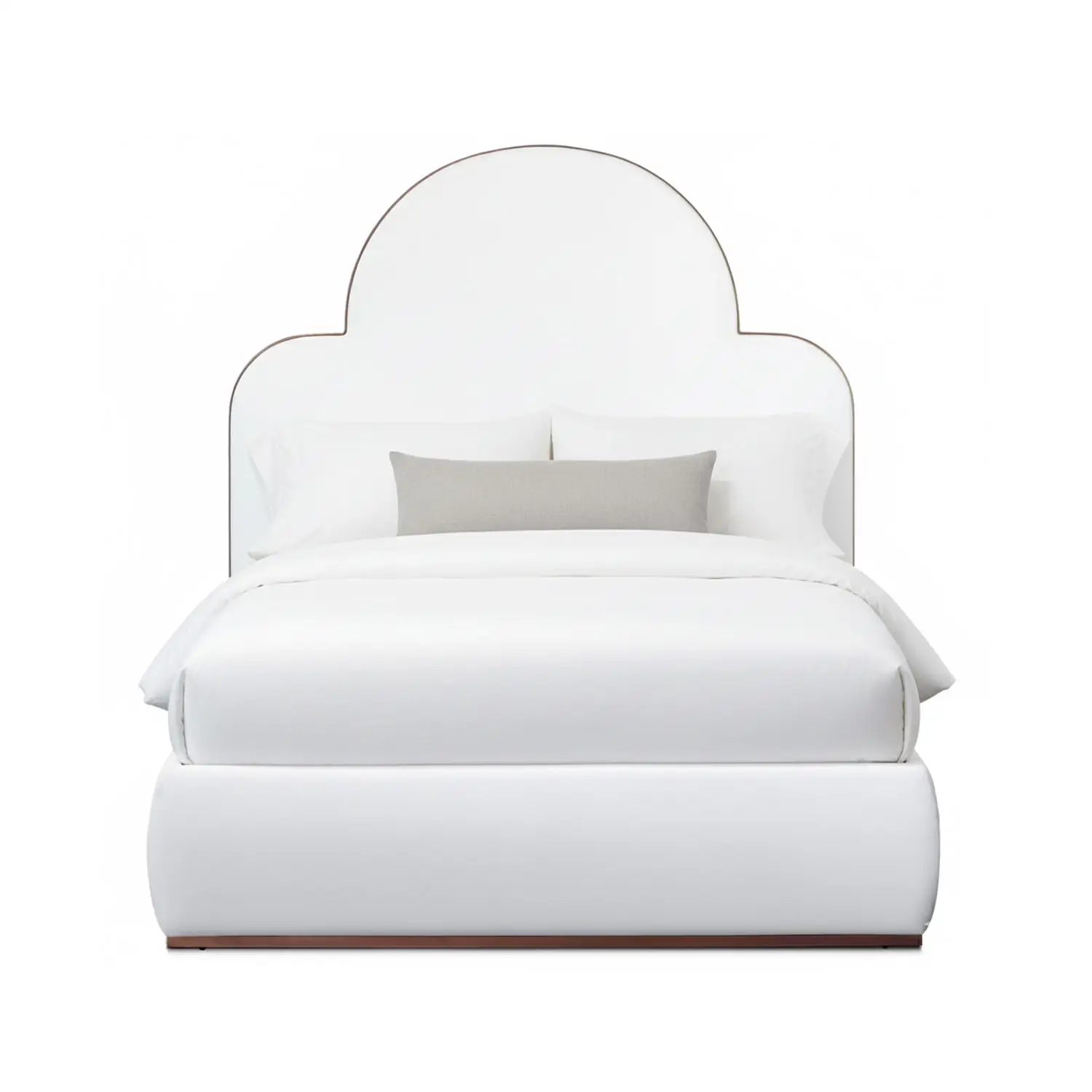 Marigold 1271 Upholstered Bed shown in Sun Bronze finish with Royal White Performance fabric. Bed shown from the front.