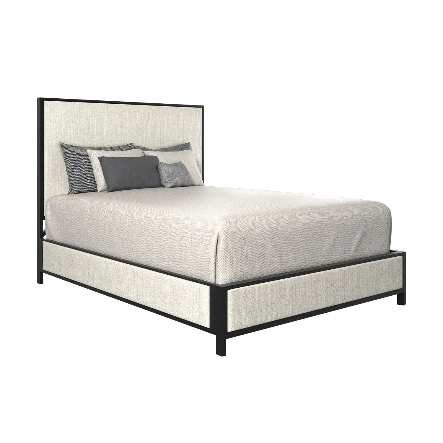 Mason bed shown as Queen HBFS in Aged Iron Finsh with Lyric Ivory Fabric.