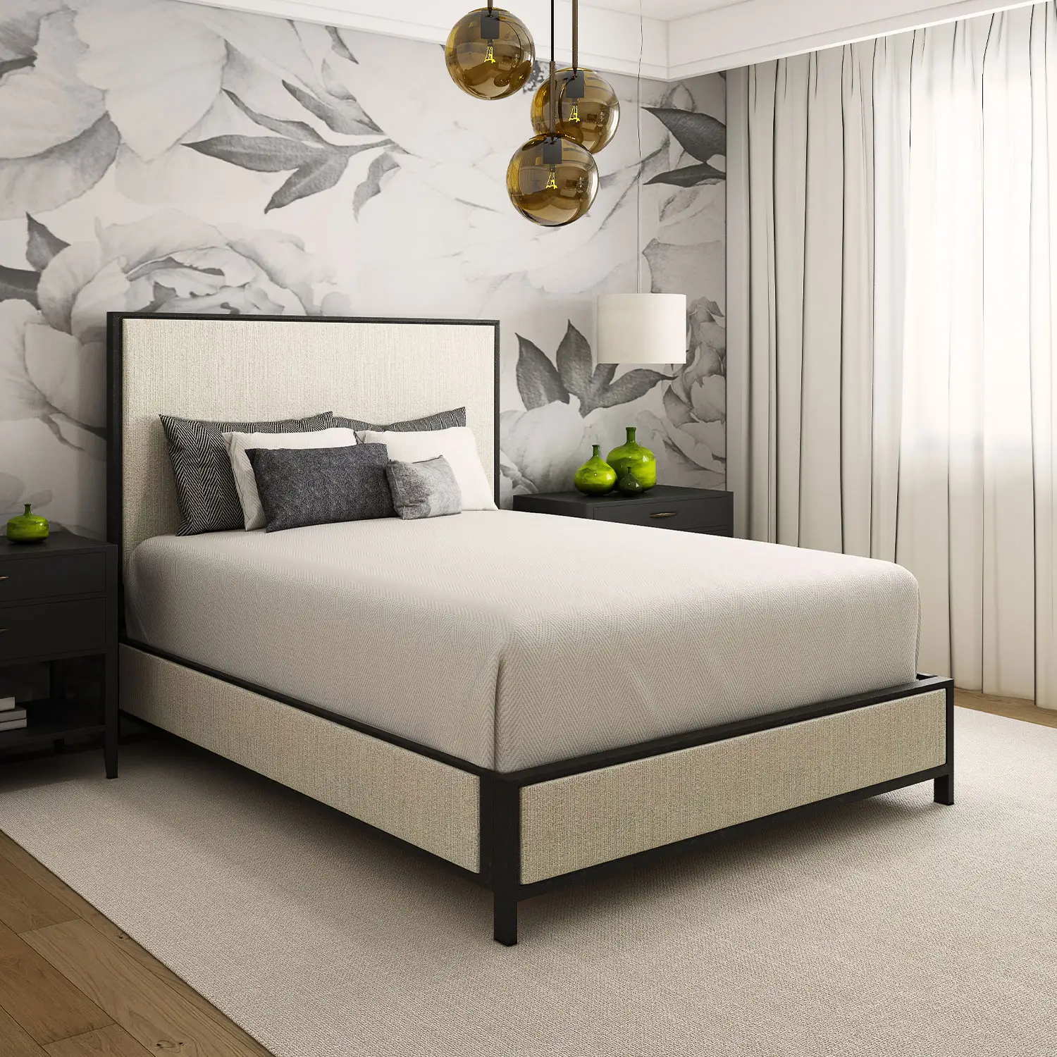 Lifestyle image of the Mason Queen bed shown in Aged Iron Finsh with Lyric Ivory Fabric.