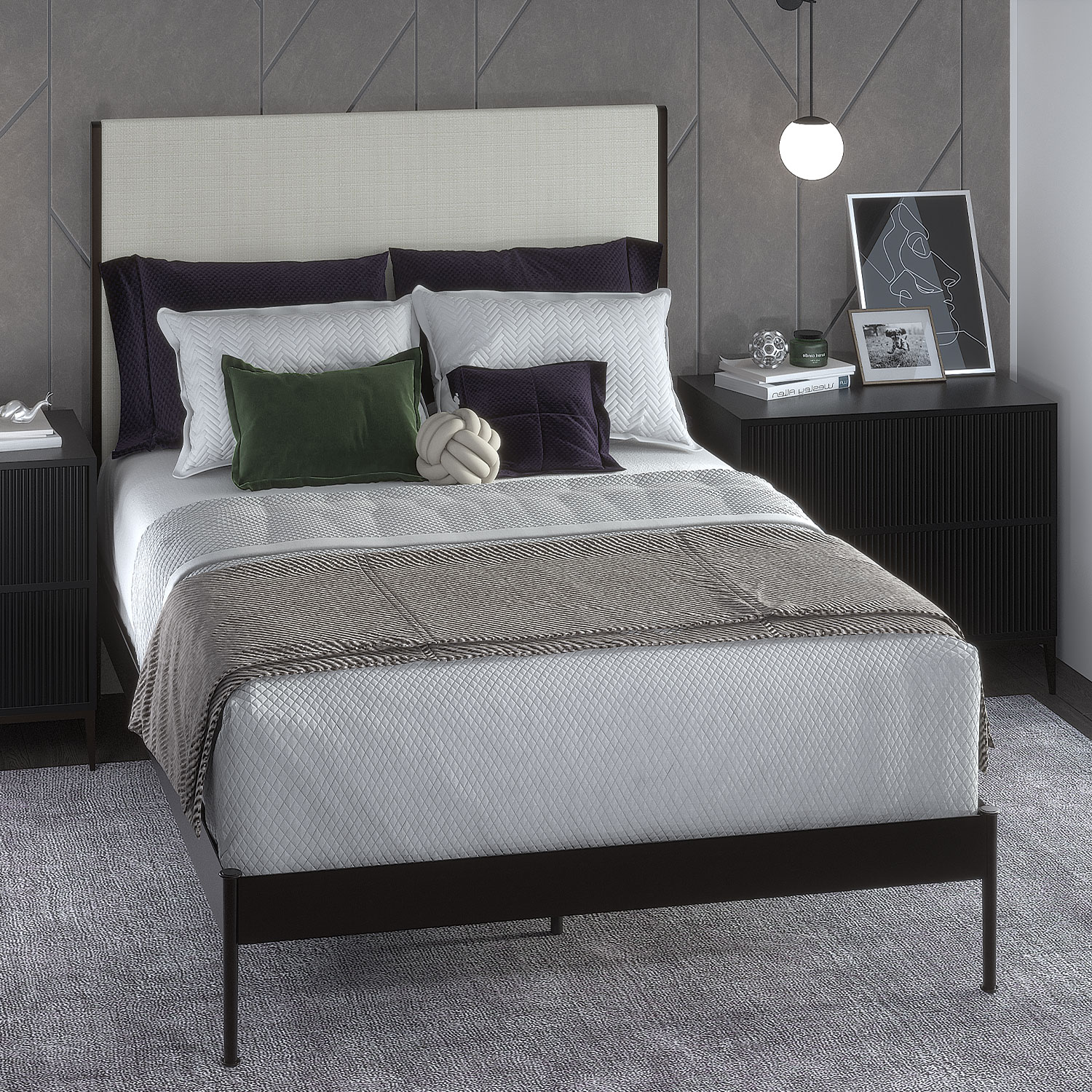 Nile 1248 queen HBWS bed shown in Black Suede finish with Clyde White fabric.