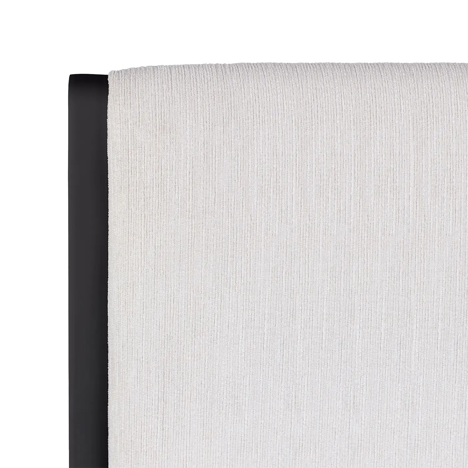 Headboard closeup of the Nile 1248 queen HBWS bed shown in Matte Black finish with Lyric Ivory fabric.