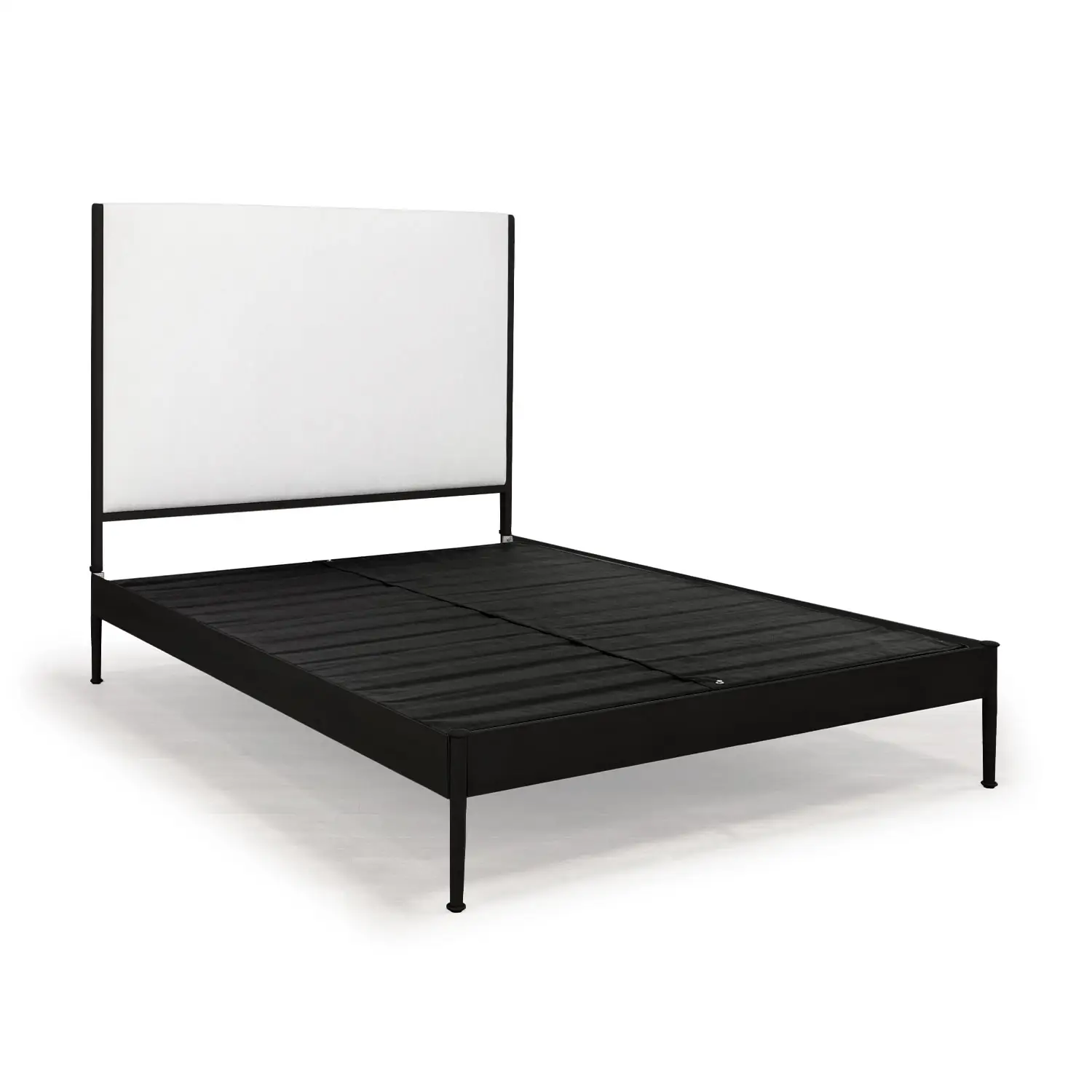 Nile bed shown without a mattress showing the wood slats closed. Nile 1248 queen HBWS bed shown in Matte Black finish with Lyric Ivory fabric.