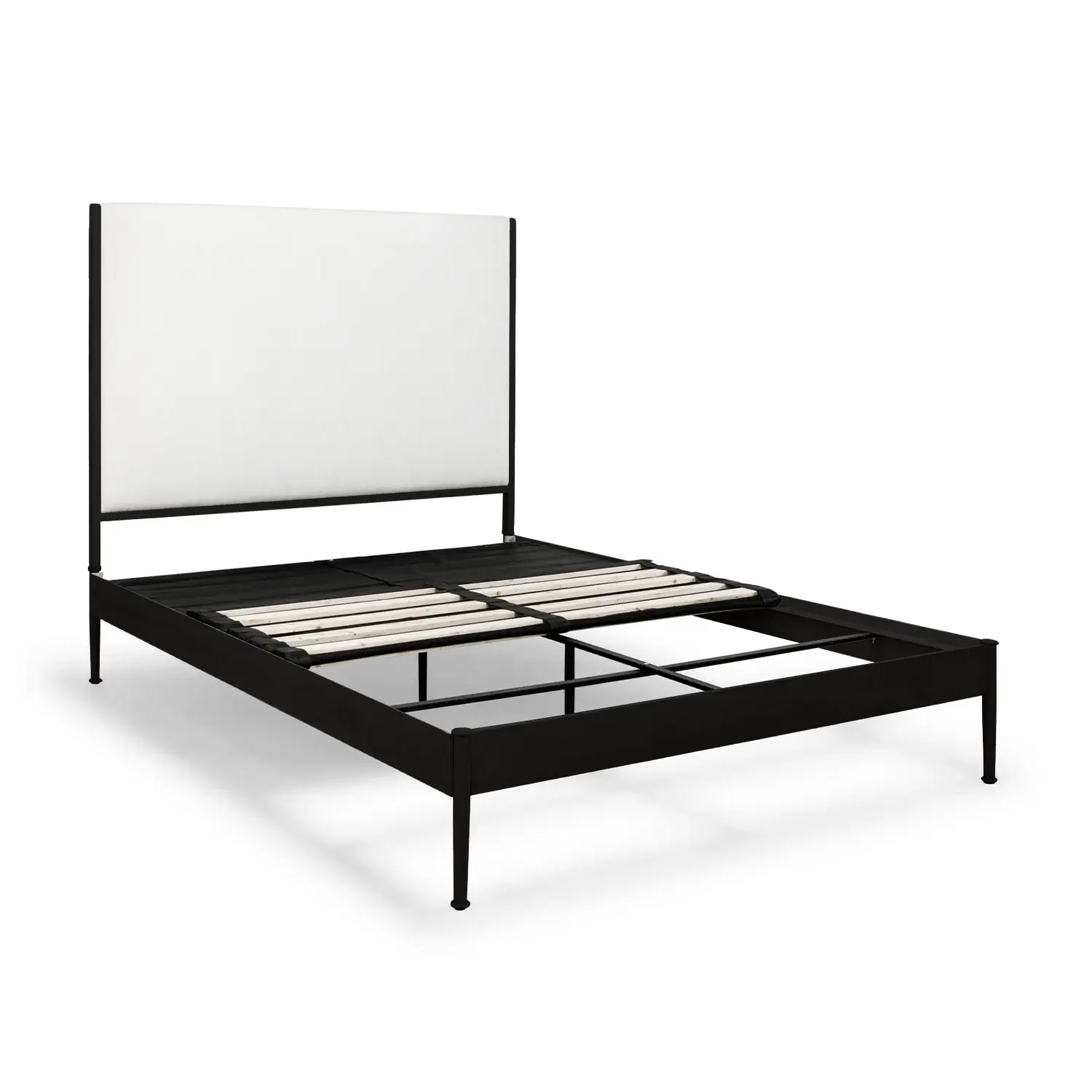 Nile bed shown without a mattress showing the wood slats opened. Nile 1248 queen HBWS bed shown in Matte Black finish with Lyric Ivory fabric.