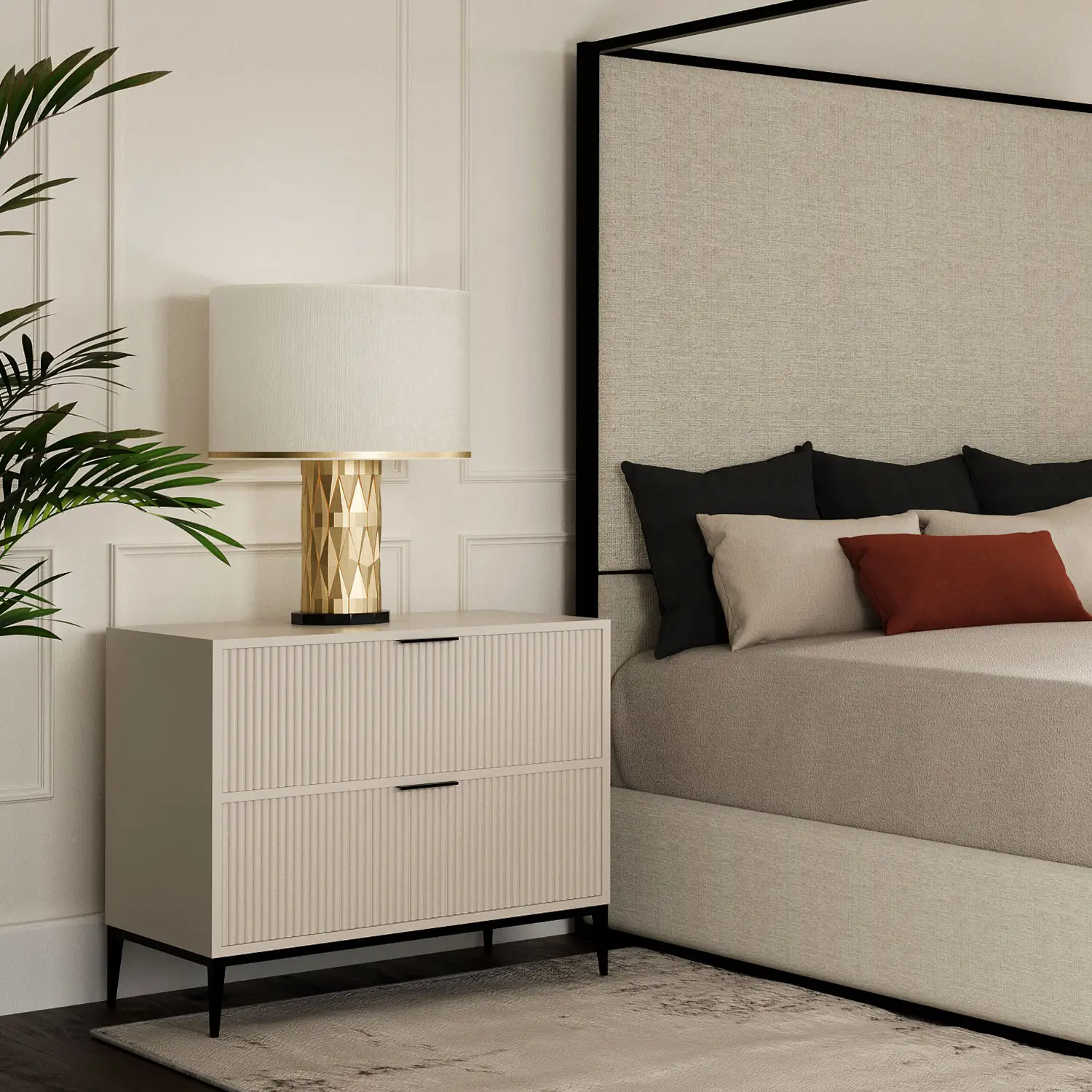 Nova Nightstand shown in Vanilla Bean Wood Finish with Black Suede Finish on the hardware. Shown nest to the Lyanna Canopy Bed.