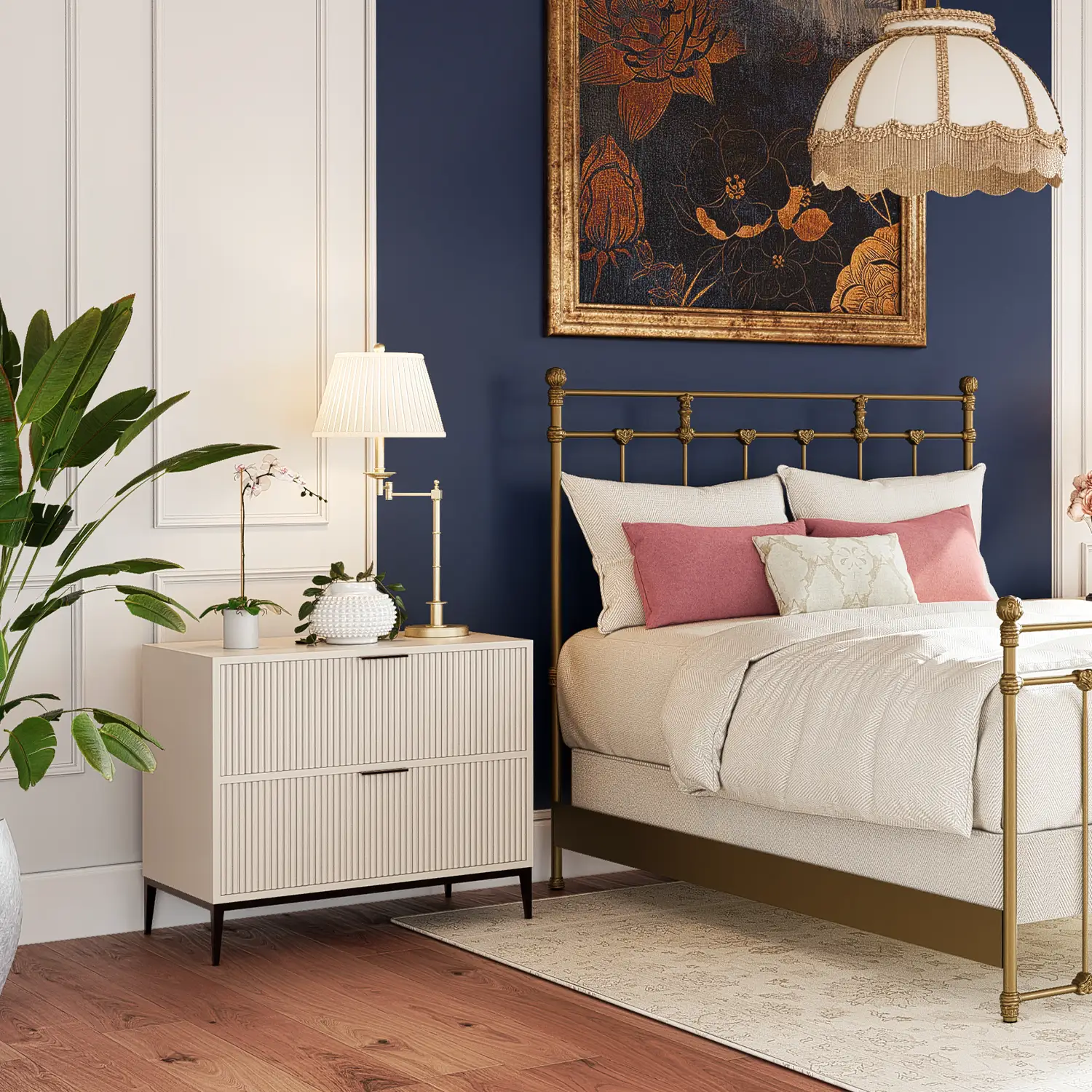 Nova Nightstand shown in Vanilla Bean Wood Finish with Black Suede Finish on the hardware. Shown next to the Sena iron bed.