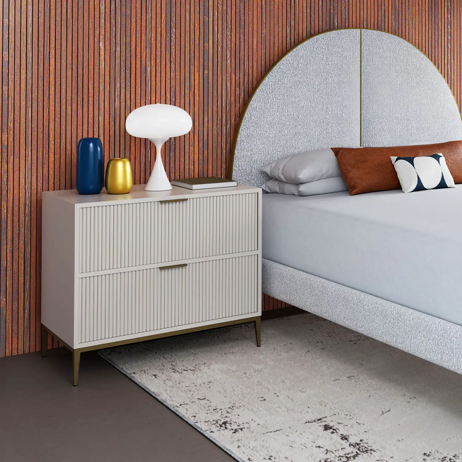 Nova Nightstand shown in Vanilla Bean Wood Finish with Brass Bisque Finish for the hardware. Shown with the Oliver bed.