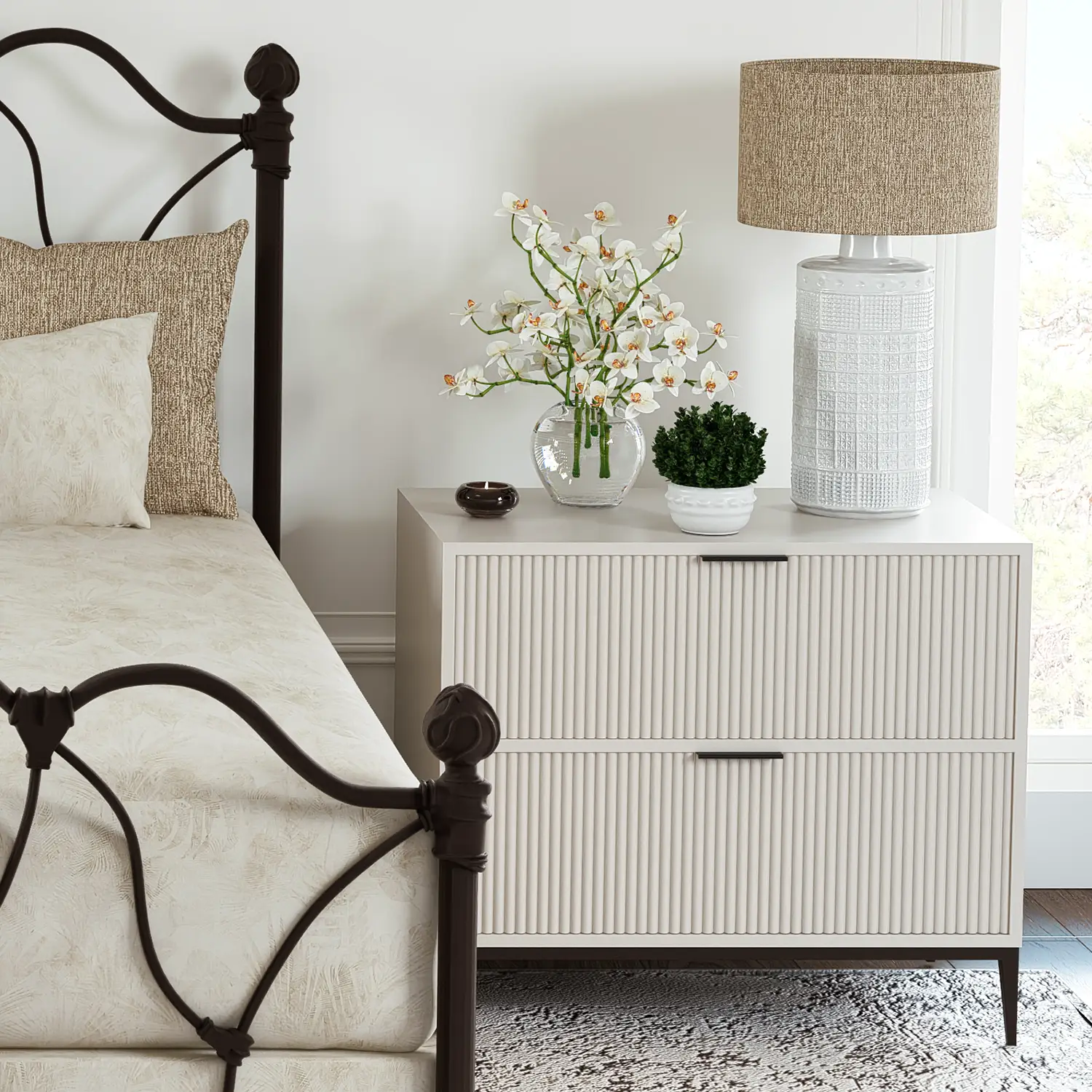 Nova Nightstand shown in Vanilla Bean Wood Finish with Natural Rust Finish for the hardware. Shown with the Morsley Iron bed.