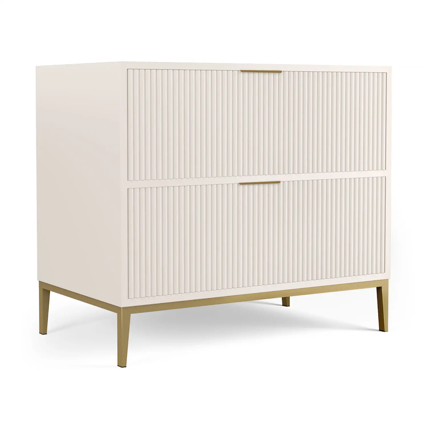 Nova Nightstand shown in Vanilla Bean Wood Finish with Opaque Gold Finish on the hardware.