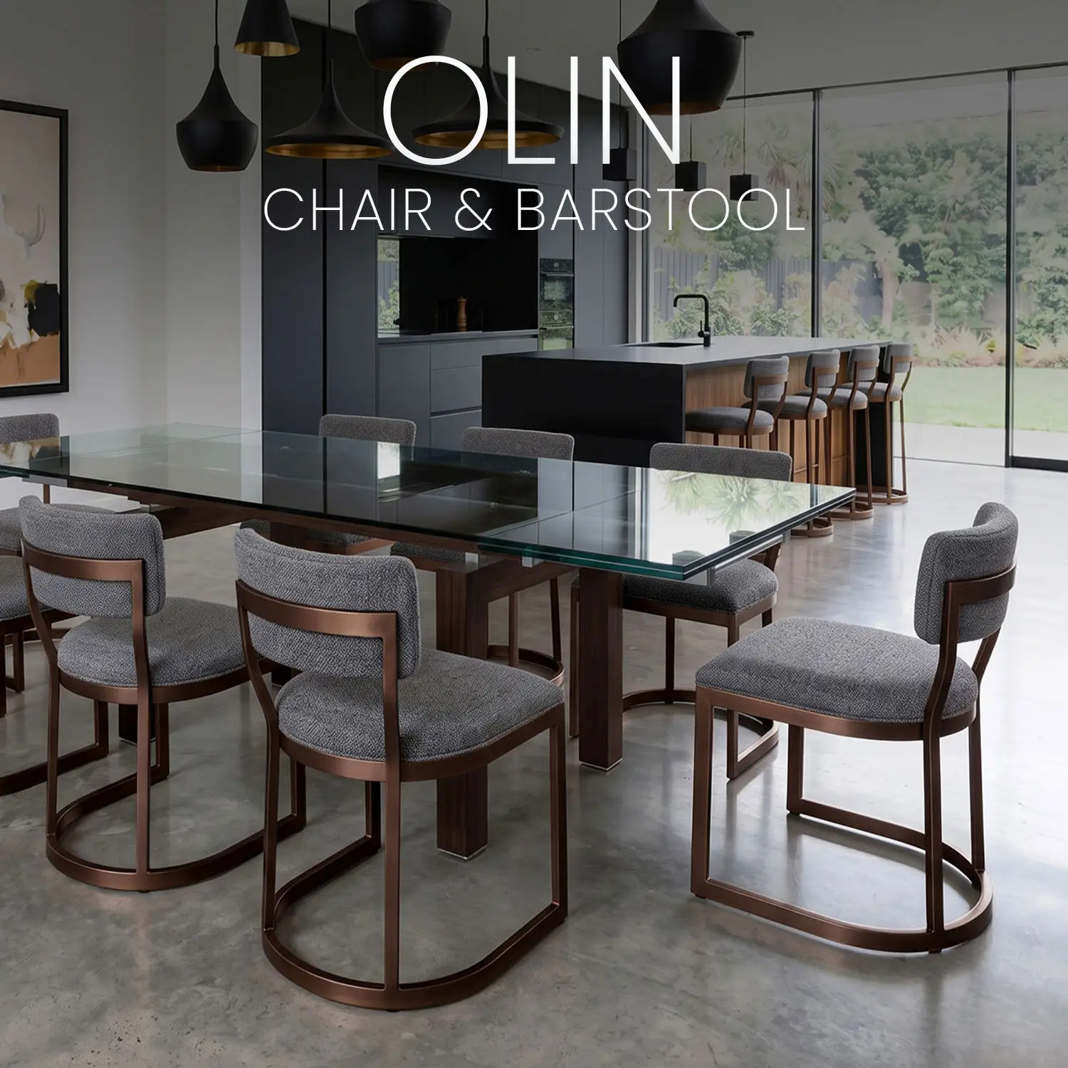 Eight Olin dining chairs (DC808H18) in Hand Brushed Copper Bliss Finish with C.O.M. fabric around a glass-top table in an open-concept dining room with the Olin barstools in the background.