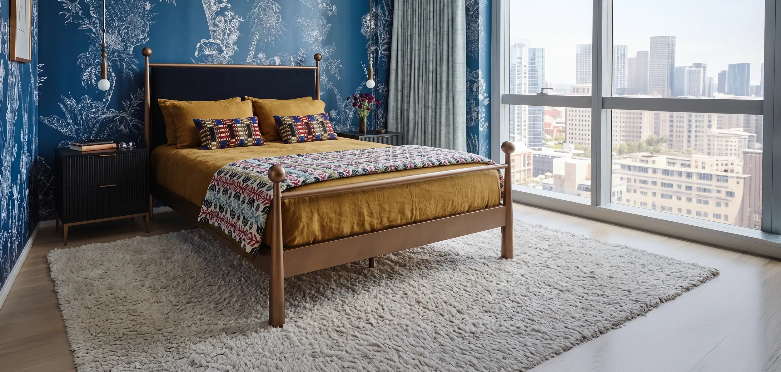 Olympus upholstered iron bed shown in Opaque Copper finish with Black Velvet Performance fabric. The Olympus bed is shown in a modern eclectic condo overlooking the city. The bed is flanked by our Nova nightstands shown in Black Denim wood finish and Opaque Copper finish for the hardware and metal base.