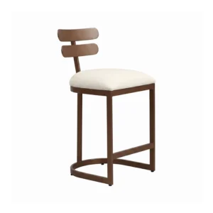 Orion iron barstool shown in Opaque Copper Finsih with Chalk Performance Fabric. Shown in angle view of the barstool.