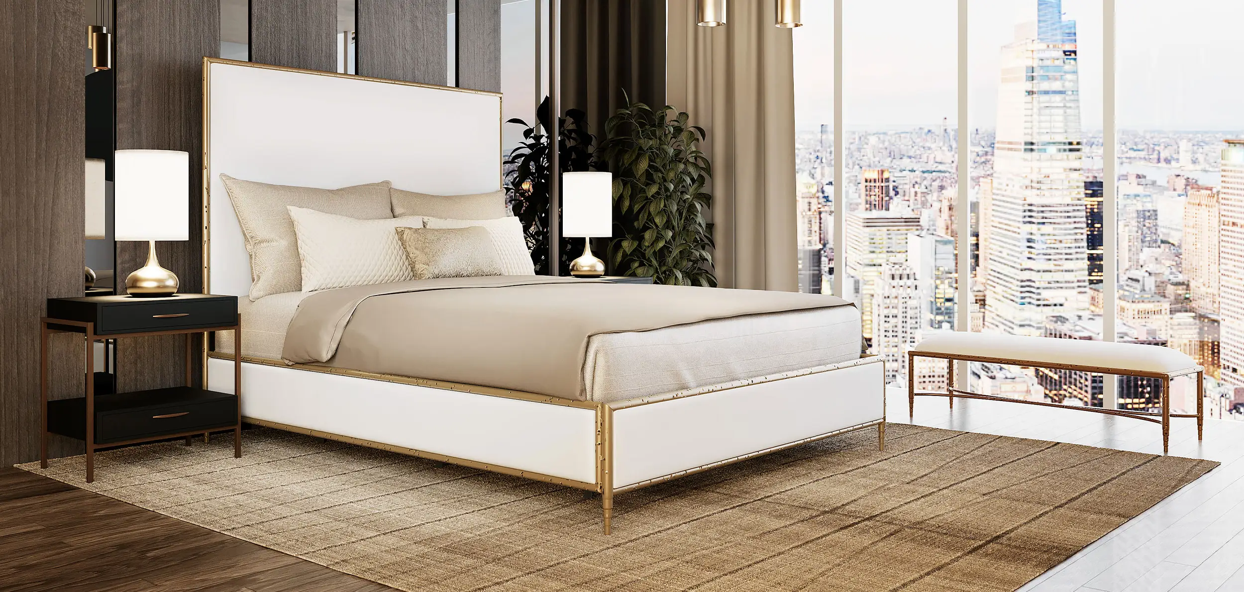 Royce Bed 1207 shown in Hand Hammered Brass finish with Royal White Performance fabric. Shown in a modern penthouse bedroom with warm tones overlooking the cityscape.