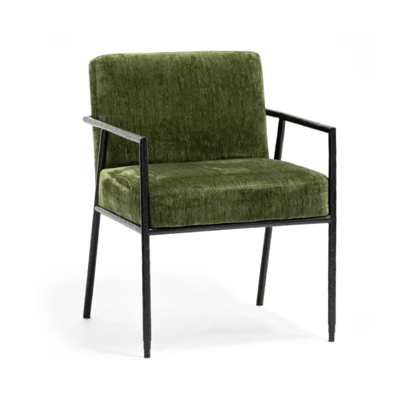Royce Chair Hand Hammered Black Finish Forest Green Fabric. Angle view.