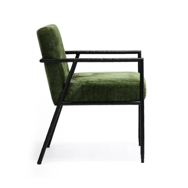Royce Chair Hand Hammered Black Finish Forest Green Fabric. Side view.